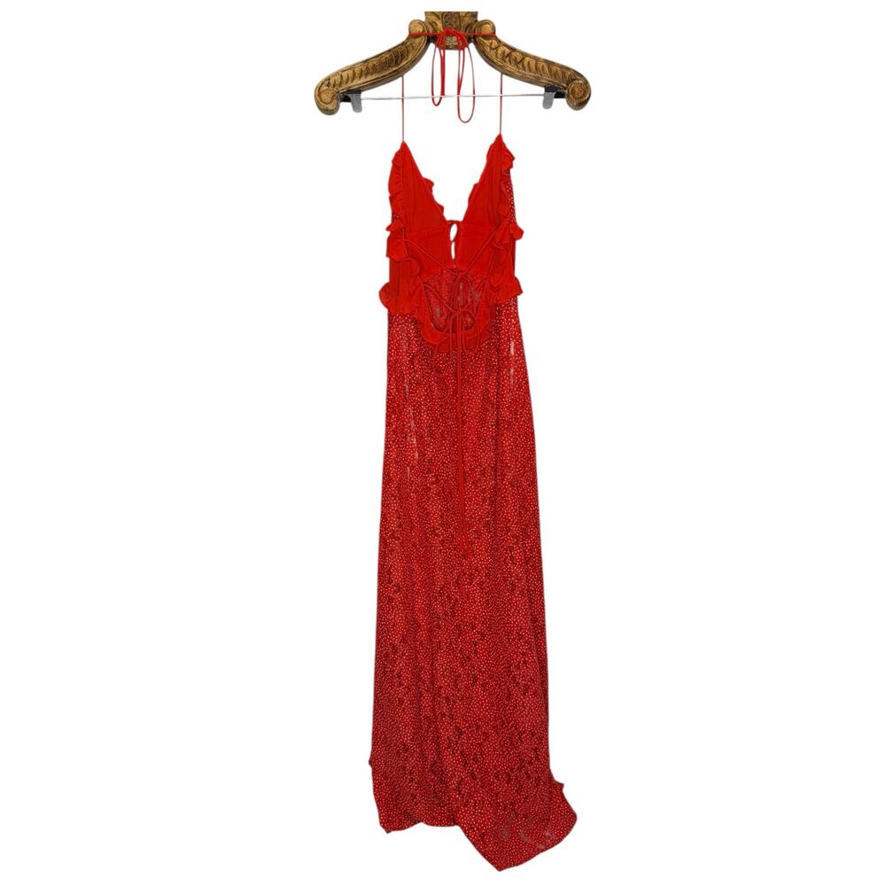 For Love and Lemons Leila Long Midi Dress Red Lace Side Slit Sheer Ruffles M - Picture 2 of 8